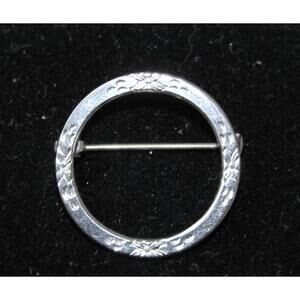 Vintage Sterling Silver Circular Brooch Pin with Etched Flowers - Makers Mark